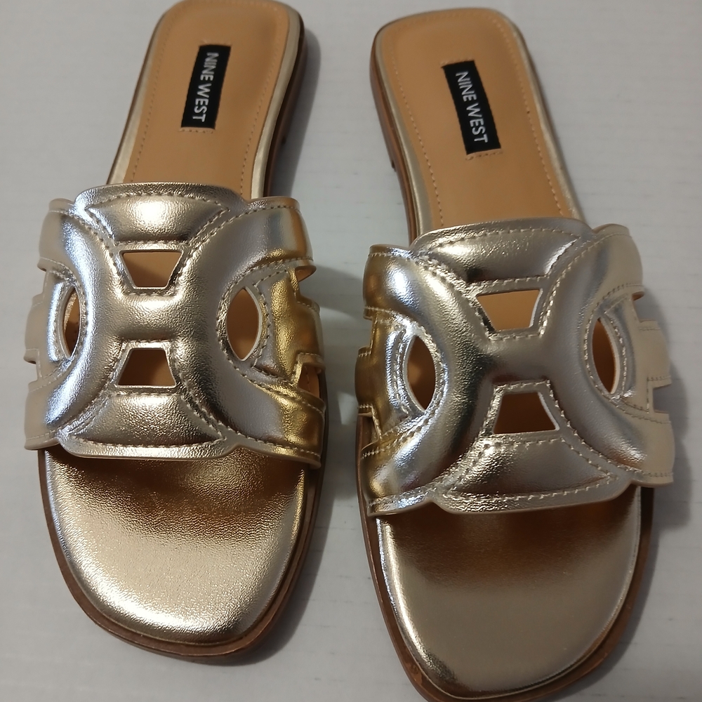 Nine West Women's Metallic Gold Slide Sandals - Picture 3 of 10